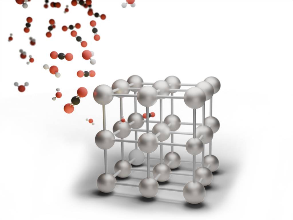 schematic MOF structure adsorbing CO2 and H2O melecules
